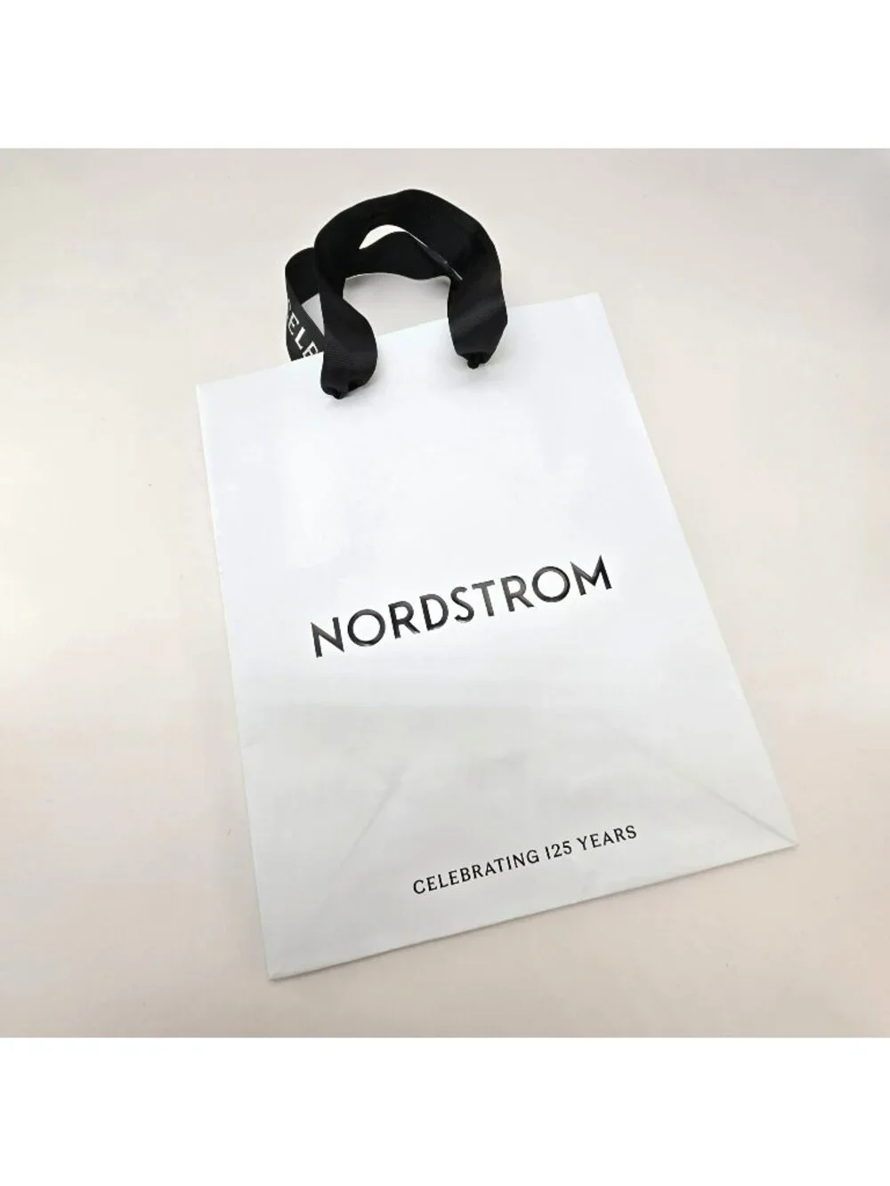 Nordstrom Celebrating 125 Years White Shopping Bag With Black Ribbon Handles VR9